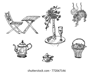 Hand drawn  little table  with coffee and flower
