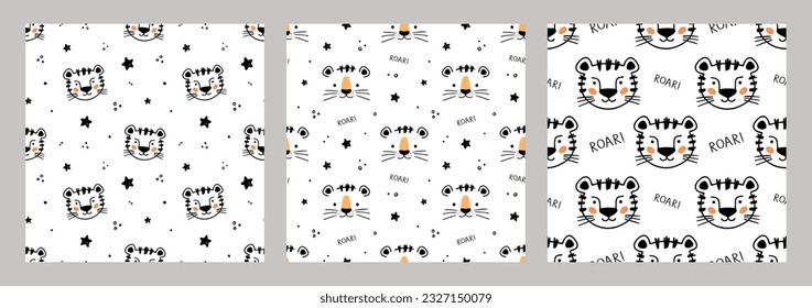 Hand drawn Little Tiger in doodle style for designing baby clothes. Set of kids seamless patterns with Tiger. Cartoon Bohemian nursery print. Kids design texture. Vector illustration.