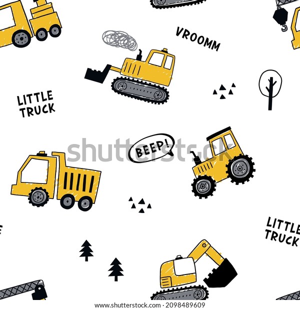 Hand drawn little trucks seamless pattern vector\
print for kids wear