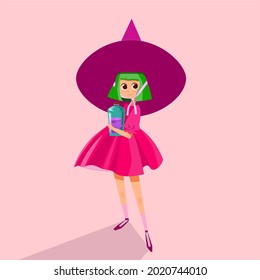 Hand drawn little witch with a jar of potion