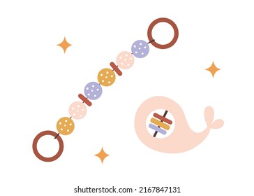 Hand drawn little wooden grasping toy or teether, Montessori baby toy. Isolated vector illustration in flat style.