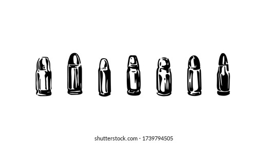 Colección de munición real dibujada a mano, boceto de tinta, vector de balas de arma, ilustración monocroma de cartucho aislado negro sobre fondo blanco. Elementos de diseño militar.
