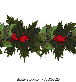 Hand drawn lively sketch tile pattern of holly plant with berry and leaf and ivy. Seamless seasonal Christmas decoration art.