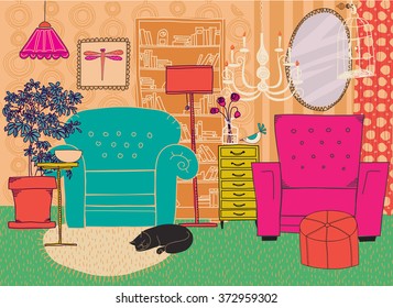 Hand Drawn Living Room Furniture and Home Accessories in cartoon style, including armchairs, bookshelf, chandeliers, chest of drawers and birdcage  