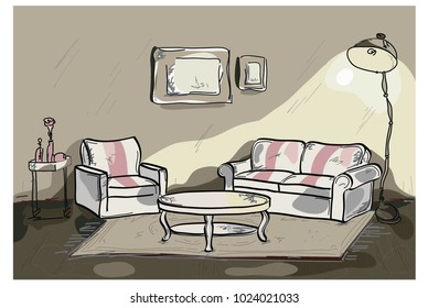 Hand drawn living room interior sketch design. Vector illustration