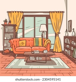 Hand Drawn Living Room Interior With Side Table and Sofa Vector Illustration