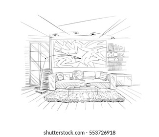 Hand drawn living room interior sketch design. Vector illustration