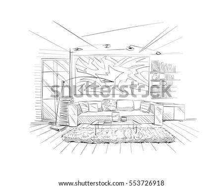 Hand drawn living room interior sketch design. Vector illustration