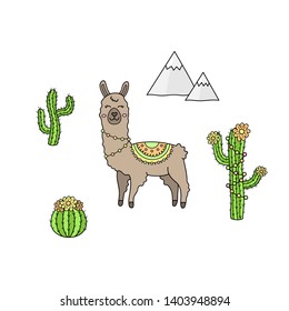 Hand drawn llama collection. Brown llama or alpaca with patterned fringed blanket. Cute outlined vector illustrations of llama animal, cactus plants and mountains. Isolated.