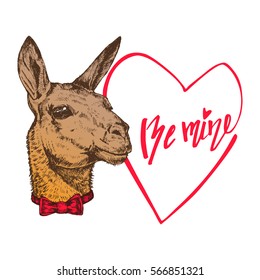 Hand drawn llama head with quote be mine, Valentine’s Day card design
