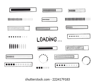 Hand drawn loading bar icons set. Vector illustration on white background