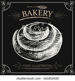 Hand drawn loaf roll isolated on chalkboard. Bakery sketch vector illustrator. Retro style
