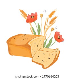 Hand drawn loaf of wheat bread, poppy flowers and cereal plants for bakery and bread packaging, flat vector illustration isolated on white background. Emblem or logo for bakehouse or bakery.
