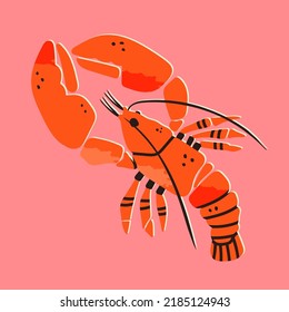 Hand drawn Lobster or crayfish. Seafood shop logo, signboard, restaurant menu, fish market, banner, poster design template. Fresh seafood or shellfish product. Trendy Vector illustration. Flat design