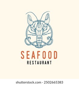 Hand drawn Lobster on the Rope circle. Seafood restaurant designs template. Vintage retro sketch style. Menu and flyer design. Vector illustration.