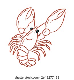 Lagosta desenhada à mão em estilo de esboço simples com contorno vermelho. Ilustração de crustáceo para menu de frutos do mar, restaurante italiano, decoração de verão.
