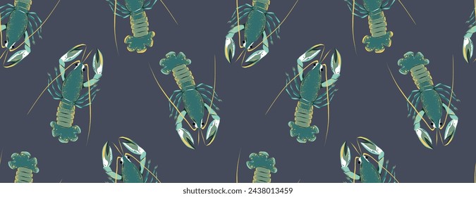 Hand drawn lobsters in green and yellow colors on a purple background. Fresh shellfish products. Trendy colors illustration.  Vector seamless pattern.