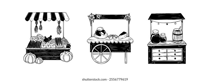 Hand drawn local market stall set. Farmer fair counter. Vegetable, cheese, honey farm shop drawing. Street kiosk sketch doodle vector illustration. Organic food festival. Greengrocer, dairy products