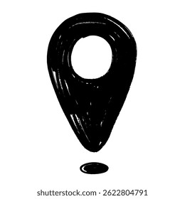 Ícone de pin de localização desenhado à mão em estilo de rabiscar. Este esboço em preto e branco representa um ponteiro de mapa usado para marcar locais, GPS e navegação.