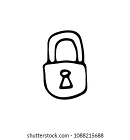 Hand drawn lock doodle icon. Hand drawn black sketch. Sign symbol. Decoration element. White background. Isolated. Flat design. Vector cartoon illustration.