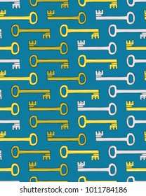 Hand drawn lock and key vector seamless pattern on blue background
