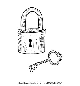 Hand drawn lock and key. Vector sketch