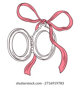 Medallón dibujado a mano con cinta y lazo. Coquette vintage amor medallón. Medallón de niña caprichoso para tarjetas de felicitación, bodas e invitaciones. Arte de línea minimalista. Impresión de Vector elegante del día de San Valentín