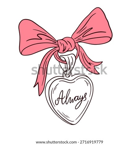 Hand drawn locket with ribbon and bow. Coquette vintage love locket. Minimalist line art. Whimsical girly medallion for greeting cards, wedding and invitations. Elegant vector valentines day print