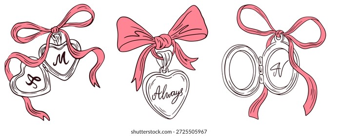 Handgezeichnete Medaillen mit Schleife und Schleife. Set von skurrilen Girly Medaillon für Grußkarten, Hochzeit, Valentinstag, Einladungen. Coquette Vintage Liebe Medaillen. Vektor elegante Linie Kunst