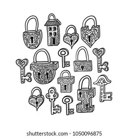 Hand drawn locks and keys.  T-shirt design, stickers, prints, posters.