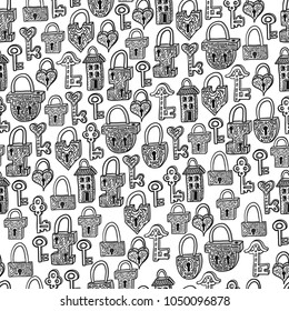 Hand drawn locks and keys.  T-shirt design, stickers, prints, posters.