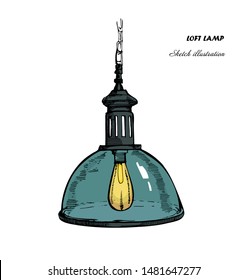 Hand drawn loft lamps and glass dome .Modern ceiling lights in industrial style.Sketch illustration