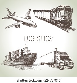 Hand Drawn Logistics And Delivery Sketch Icons Set. Vector Illustration