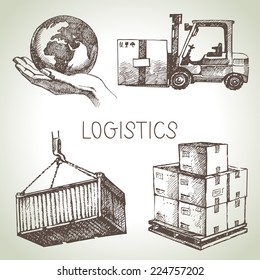 Hand Drawn Logistics And Delivery Sketch Icons Set. Vector Illustration