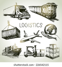 Hand drawn logistics and delivery sketch icons set. Vector illustration