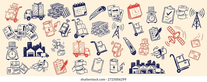 Un conjunto de iconos de logística dibujado a mano muestra el almacén, el camión, la carretilla elevadora, las plataformas y los símbolos satelitales para el Web, la impresión y el Uso editorial, vintage.