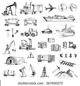 Hand Drawn Logistics, Resource Mining, Industry And Delivery Sketch Set. Vector Illustration.