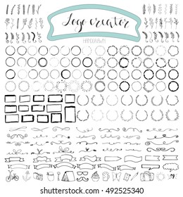 Hand drawn logo with arrows, ribbons, laurels, badges. All elements isolated on white background and easy to use. Vector creator series.