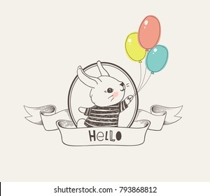 Hand drawn logo or badge with cute little bunny dressed in striped t-shirt holding colorful balloons inside round frame and elegant ribbon with Hello inscription. Vector illustration in vintage style.