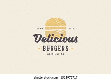 Hand drawn logo burger silhouette and modern vintage typography retro style vector illustration. Hamburger label for fast food packaging and restaurant menu decoration.