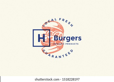 Silueta de quemador con logo dibujado a mano y moderna ilustración vectorial de estilo retro de tipografía vintage. Etiqueta Hamburguesa para empaque de comida rápida y decoración del menú del restaurante.