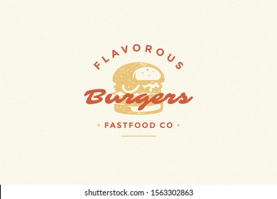 Hand drawn logo burger silhouette and modern vintage typography retro style vector illustration. Hamburger label for fast food packaging and restaurant menu decoration.