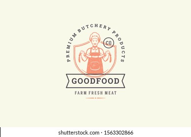 Hand drawn logo butcher holding sausages silhouette and modern vintage typography retro style vector illustration. Butcher man logotype for farm meat market packaging and restaurant menu decoration.