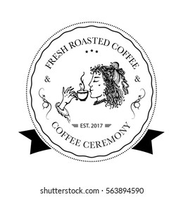 Hand drawn logo for cafe, coffee outlet or coffee company with elegant lady holding coffee cup. Vector Illustration