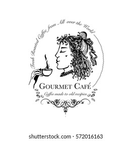 Hand drawn logo for cafe, coffee outlet or coffee company with elegant lady holding coffee cup. Vector Illustration