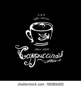 Hand drawn logo for cafe, coffee outlet or coffee company with cappuccino cup. Vector Illustration