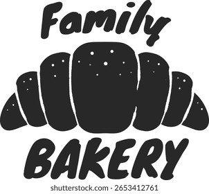 Logotipo desenhado à mão que captura a essência de uma padaria familiar, apresentando um croissant preto impressionante que destaca os métodos de cozedura tradicionais e um compromisso com ingredientes frescos e de qualidade