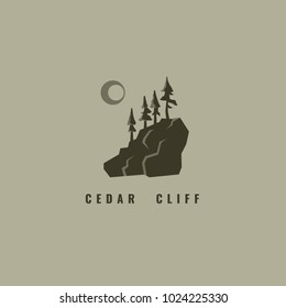 Hand Drawn Logo Of Cliff With Pines. Vector Travel Logotype