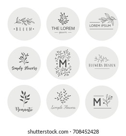 Hand drawn logo collection. Logo design with doodle flowers.