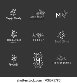 Hand drawn logo collection. Logo design with doodle flowers.